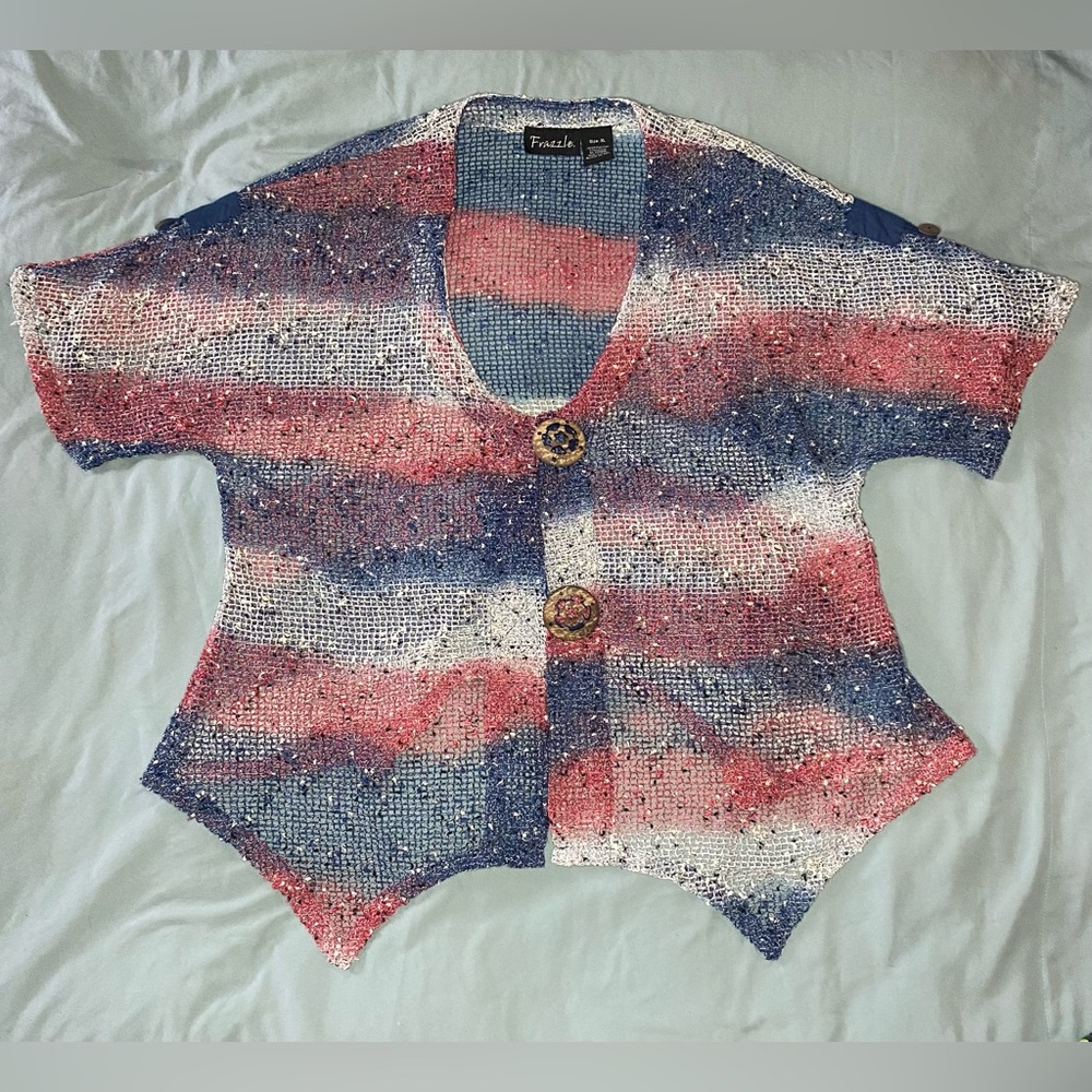 Frazzle Women’s Beach Top Open Crochet Wood Buttons Mesh Multi Color Sz XL